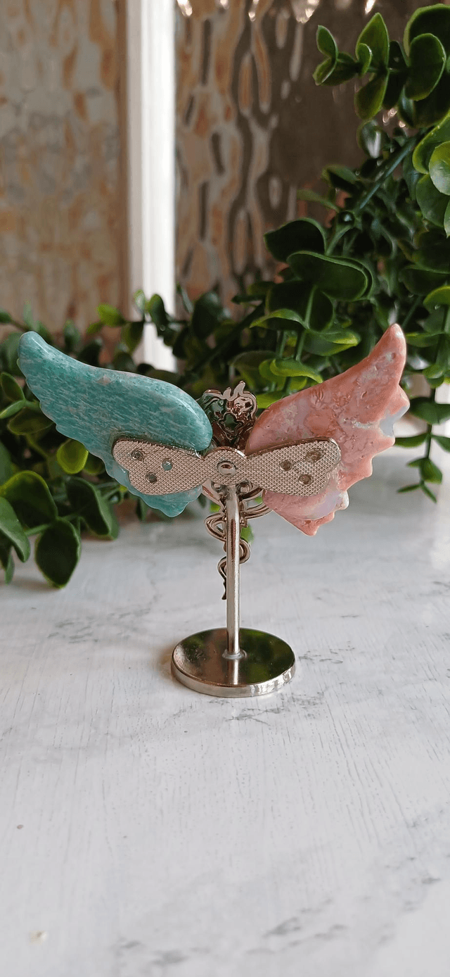 Pink Agate & Amazonite Angel and Demon Lover Wings on Stand 