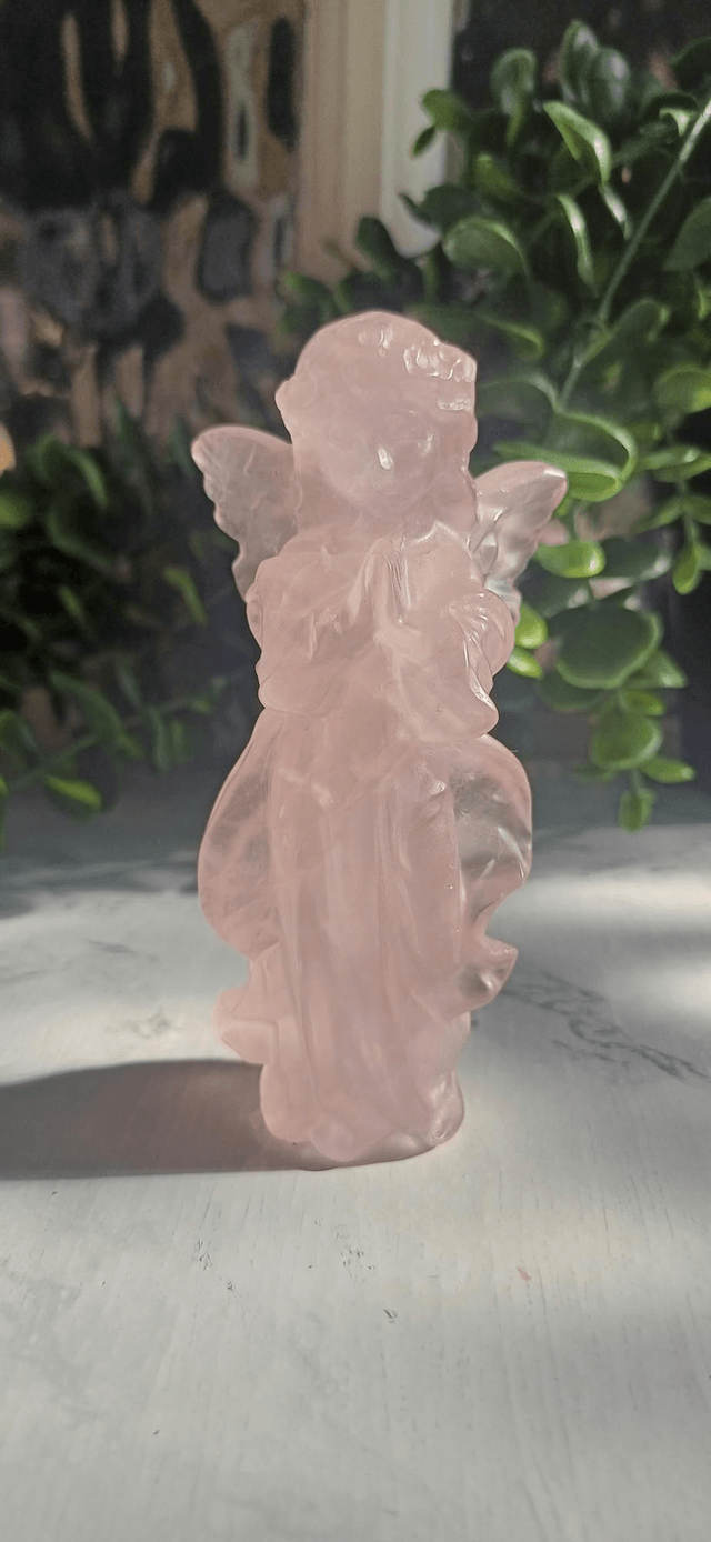 Praying Angel Carvings in Rose Quartz and Caribbean Calcite 