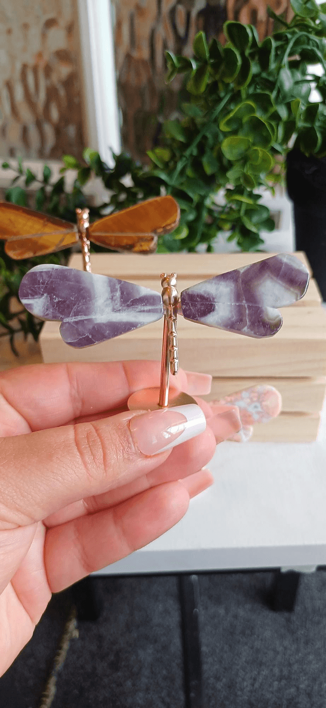 Dragonfly Wings on Gold Stand. Amethyst, Pink Agate and Tiger's Eye