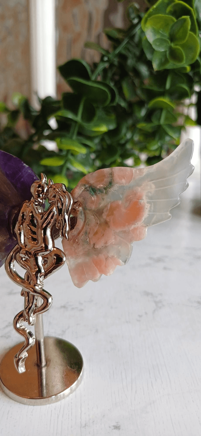 Amethyst & Flower Agate Angel and Demon Lover Wings on stand