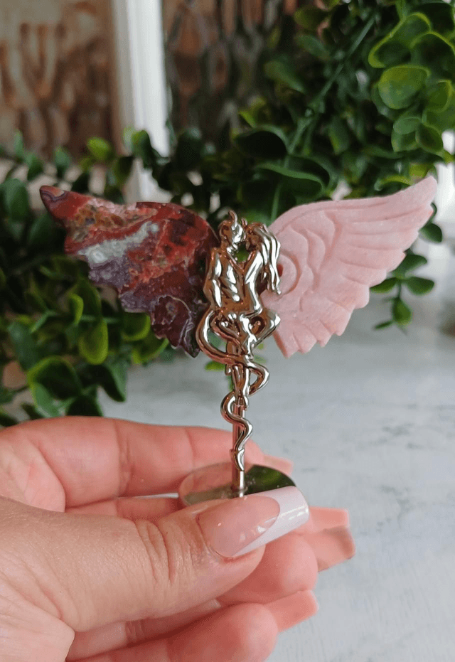 Mexican Agate & Pink Opal Angel and Demon Lover Wings on Stand