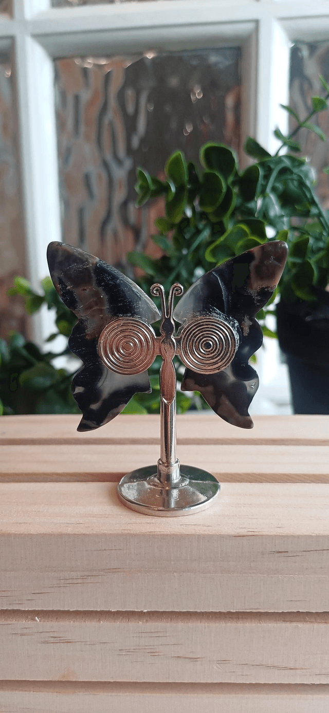 Volcano Agate Butterfly Wings on Silver Stand