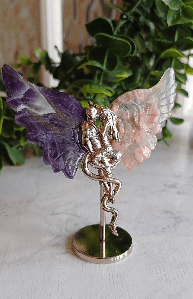 Amethyst & Flower Agate Angel and Demon Lover Wings on stand