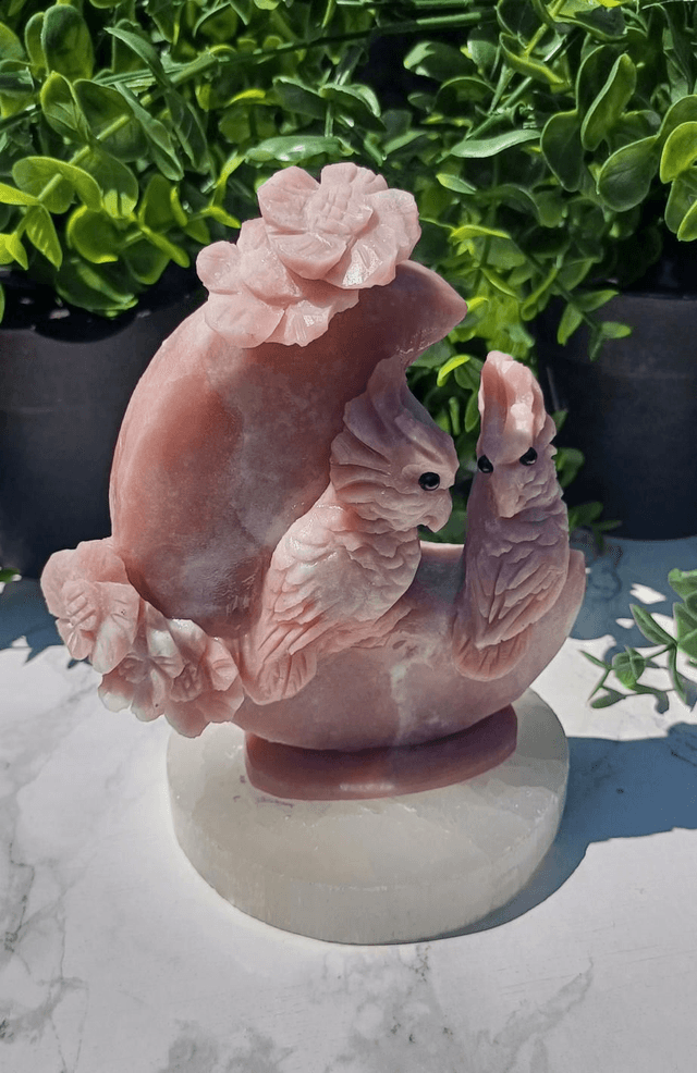 Hand Carved Pink Opal Cockatiels on a Moon
