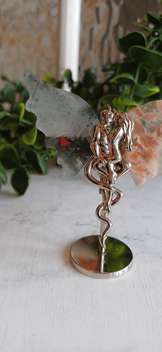 African Bloodstone & Flower Agate Angel and Demon Lover Wings on Stand