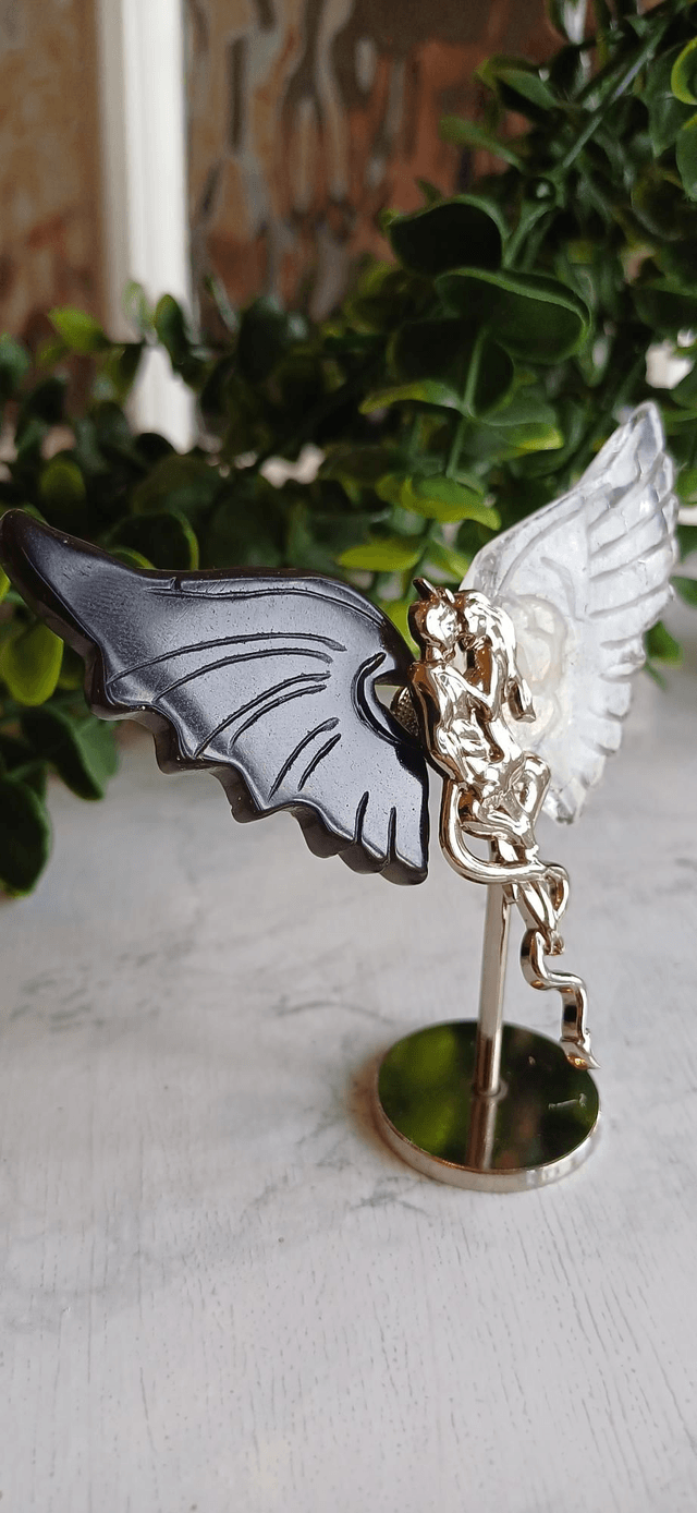 Agate & Clear Quartz Angel and Demon Lover Wings on stand