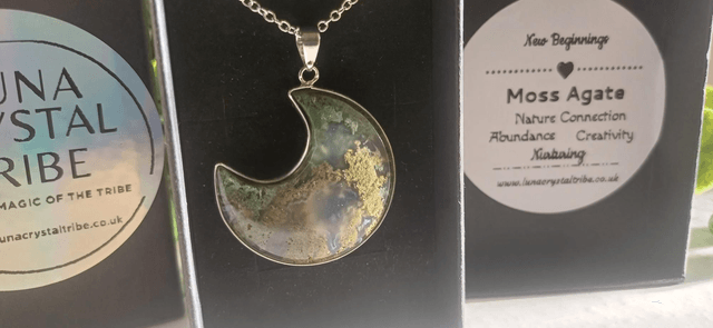 Large Moss Agate Crescent Moon Necklace