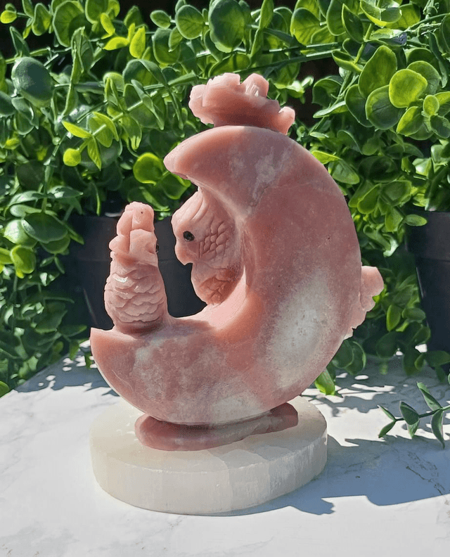 Hand Carved Pink Opal Cockatiels on a Moon