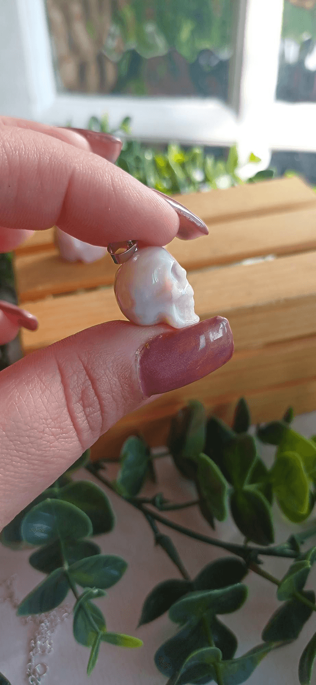 Flower Agate Skull Pendant on 925 Silver Plated chain