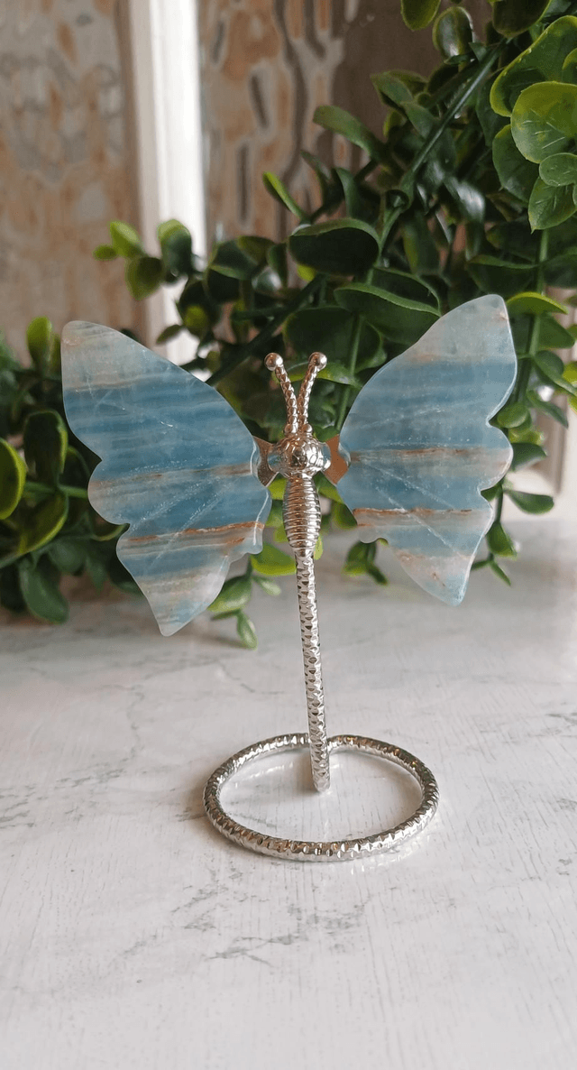 Blue Onyx Butterfly wings on Silver Stand