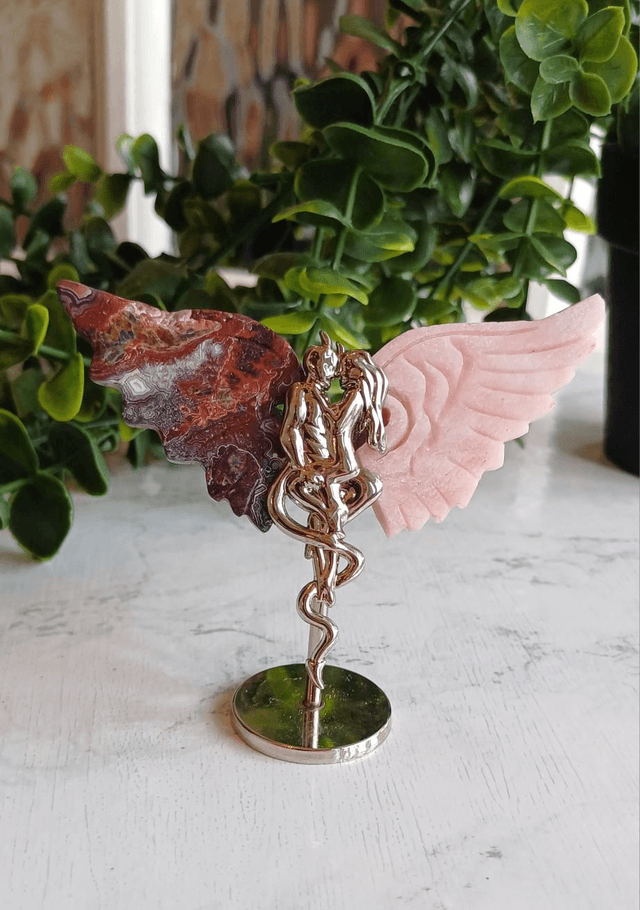 Mexican Agate & Pink Opal Angel and Demon Lover Wings on Stand
