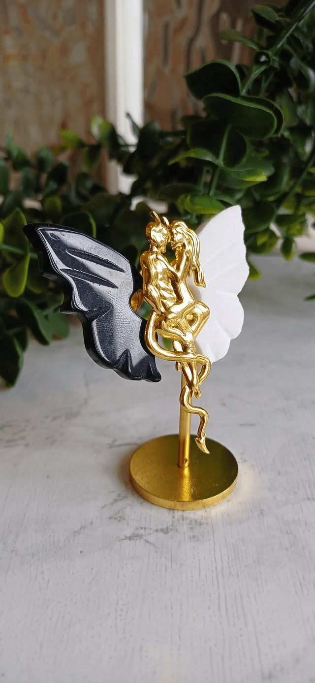 Obsidian & White Jade Angel and Demon Lover Wings on Stand