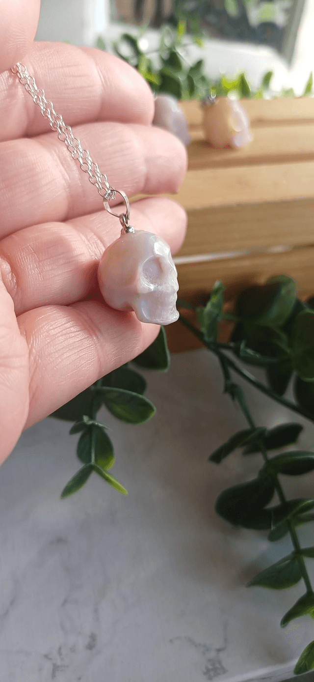 Flower Agate Skull Pendant on 925 Silver Plated chain