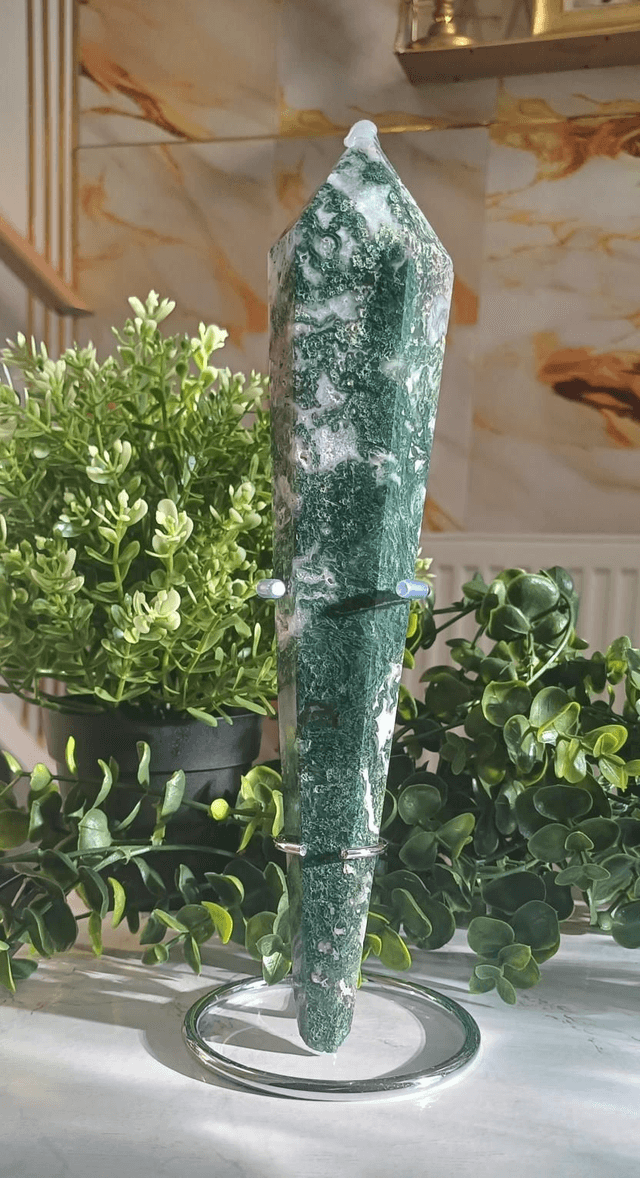 Moss Agate Wand with Silver Stand