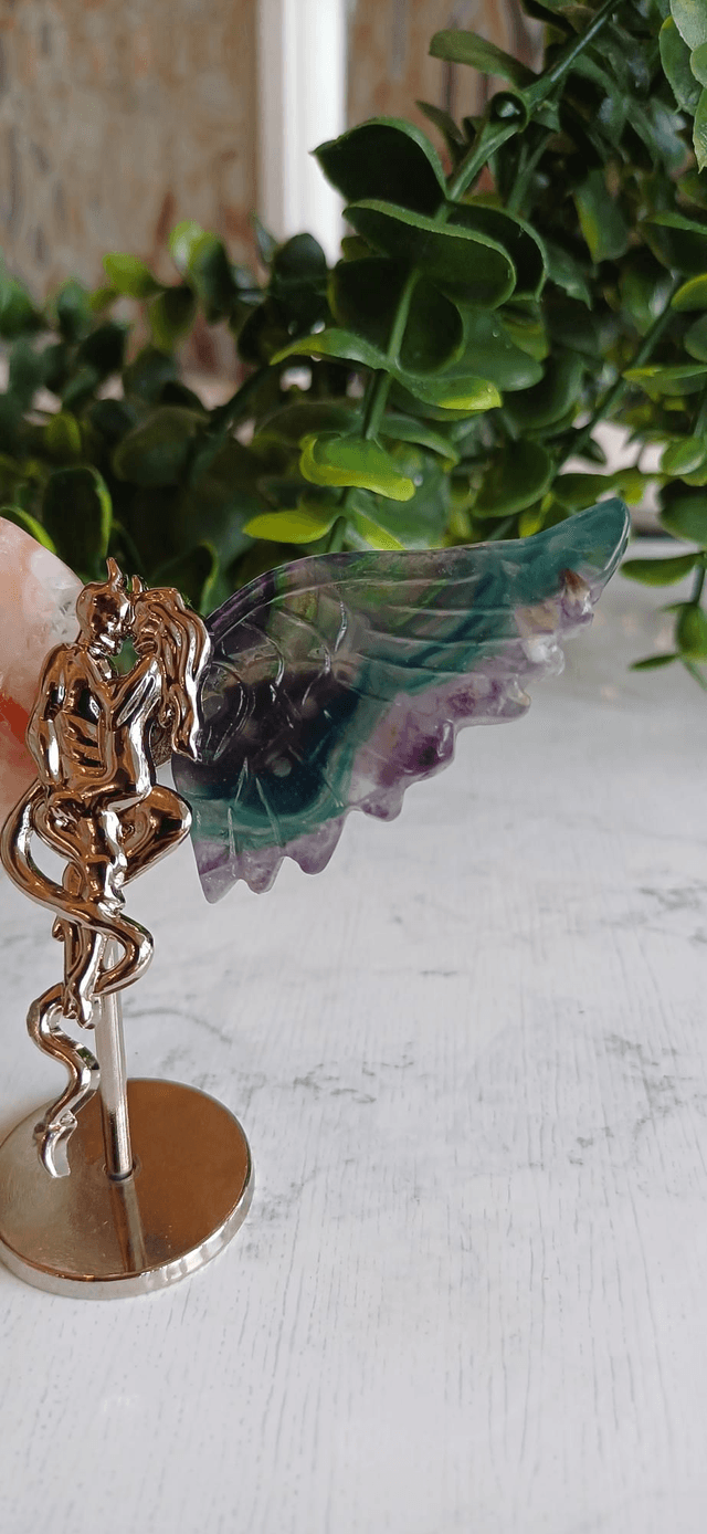 Fire Quartz & Fluorite Angel and Demon Lover Wings on Stand