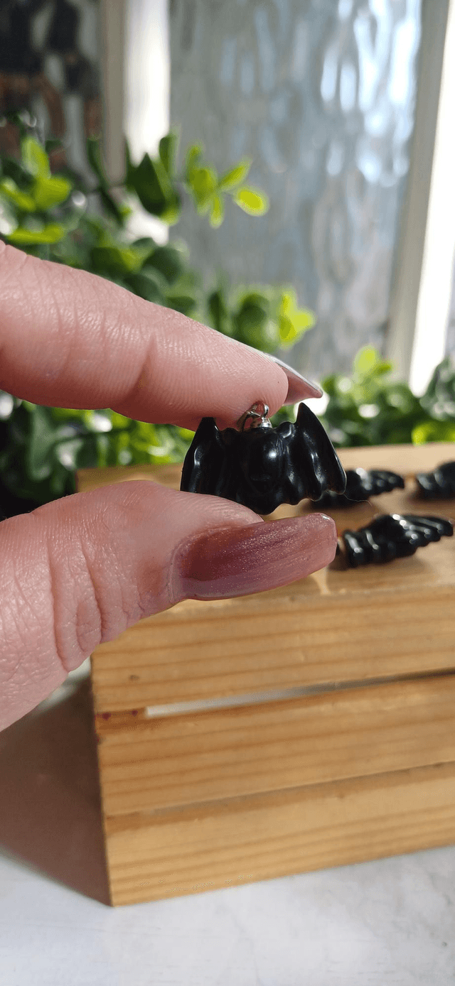 Obsidian Cute Bat Pendant with 925 silver plated chain