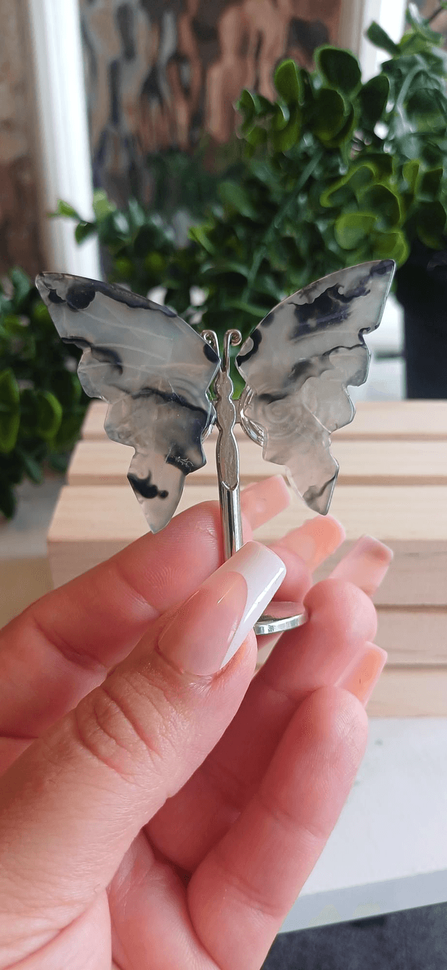 Black Agate Butterfly Wings on Silver Stand
