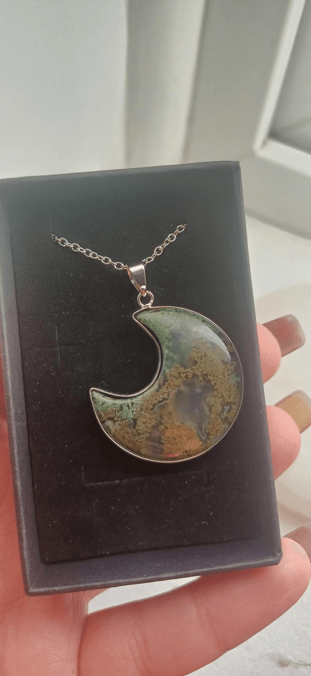 Large Moss Agate Crescent Moon Necklace