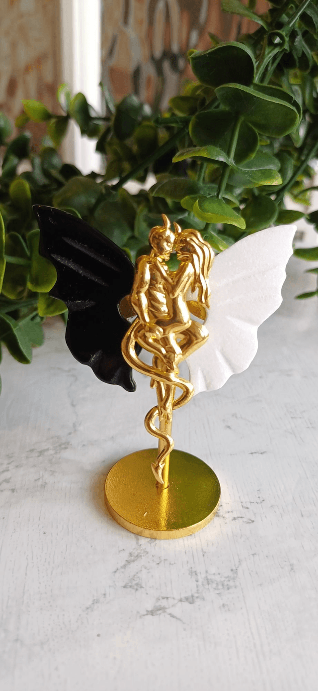 Obsidian & White Jade Angel and Demon Lover Wings on Stand