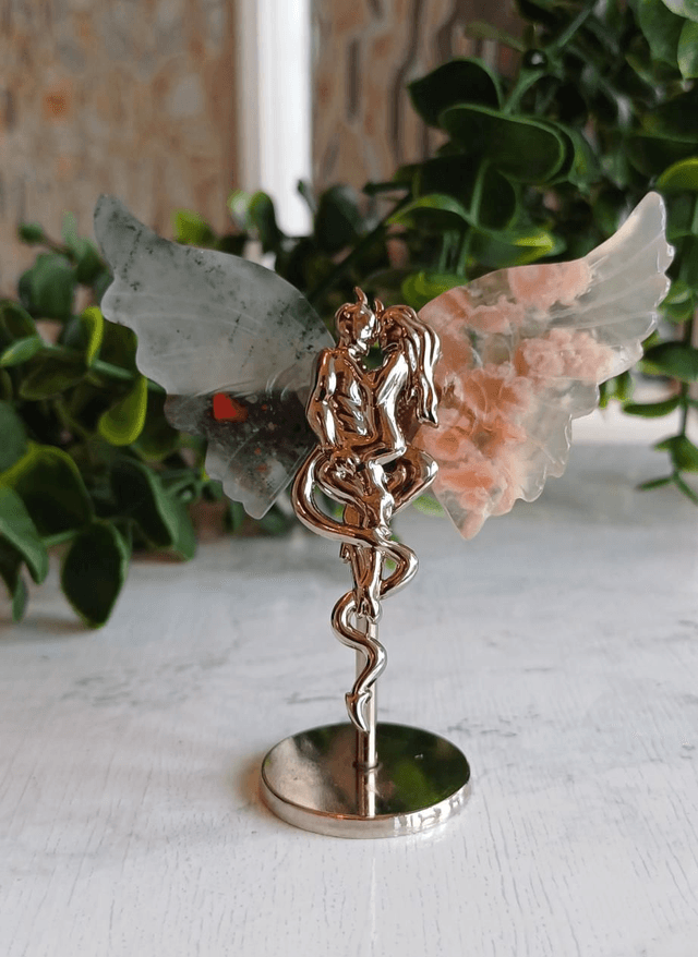 African Bloodstone & Flower Agate Angel and Demon Lover Wings on Stand
