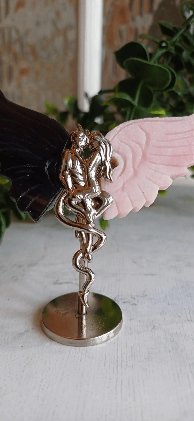 Pink Opal & Agate Angel and Demon Lover Wings on Stand