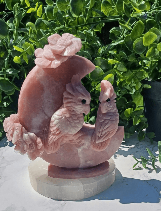 Hand Carved Pink Opal Cockatiels on a Moon