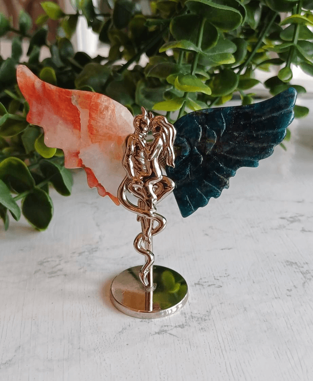 Fire Quartz &amp; Apatite Angel and Demon Lover Wings on Stand