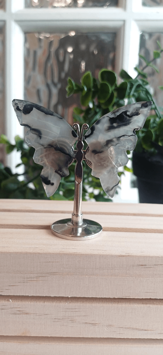 Black Agate Butterfly Wings on Silver Stand